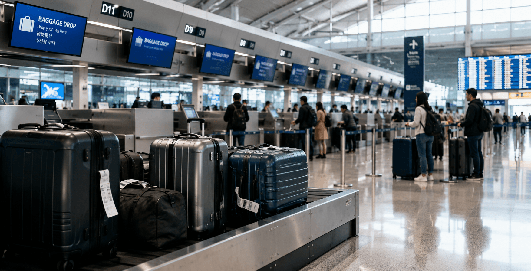Checked bags lined up at an airport baggage drop counter
