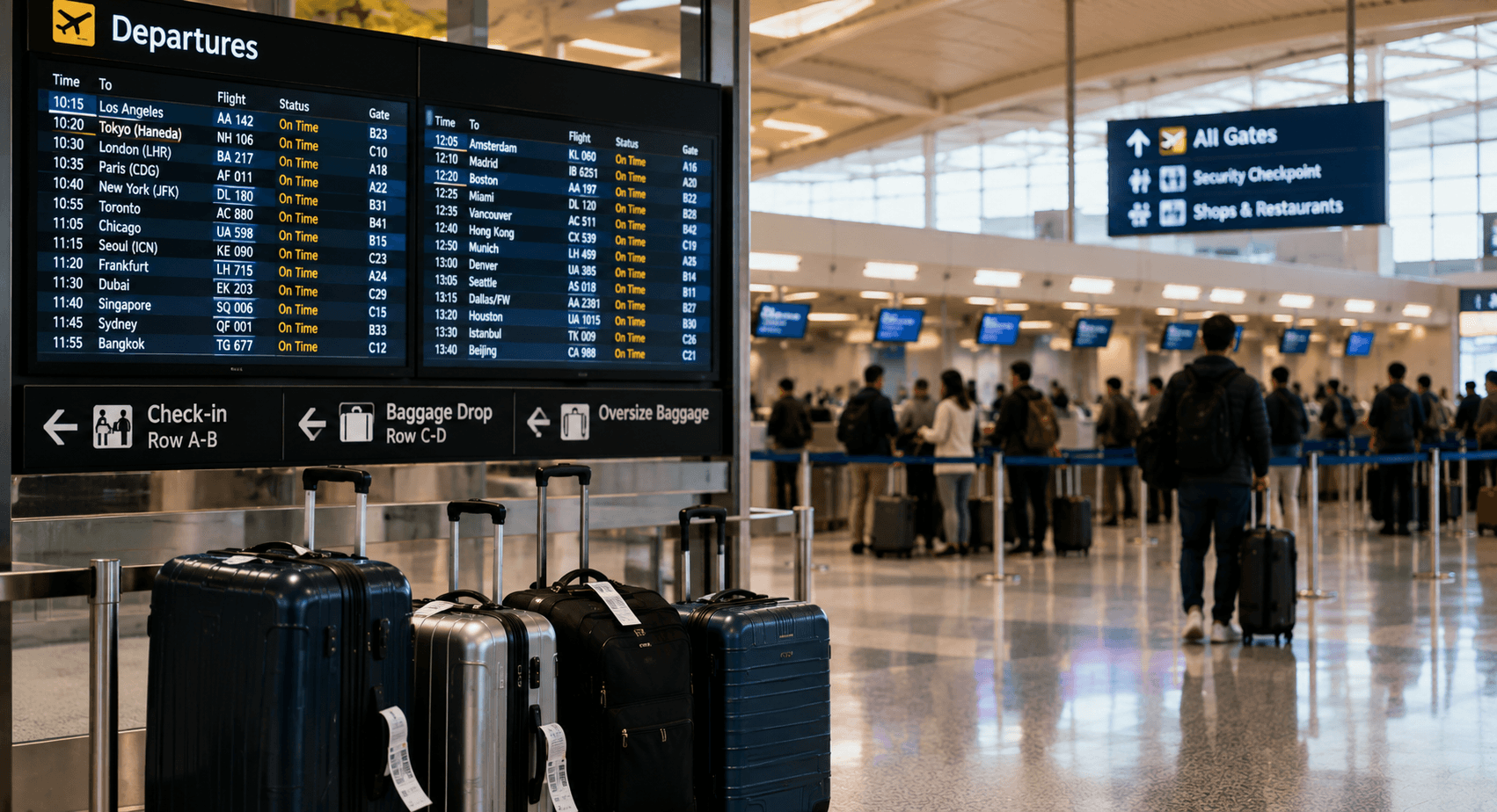 Airport departures monitor above baggage drop and check-in signs
