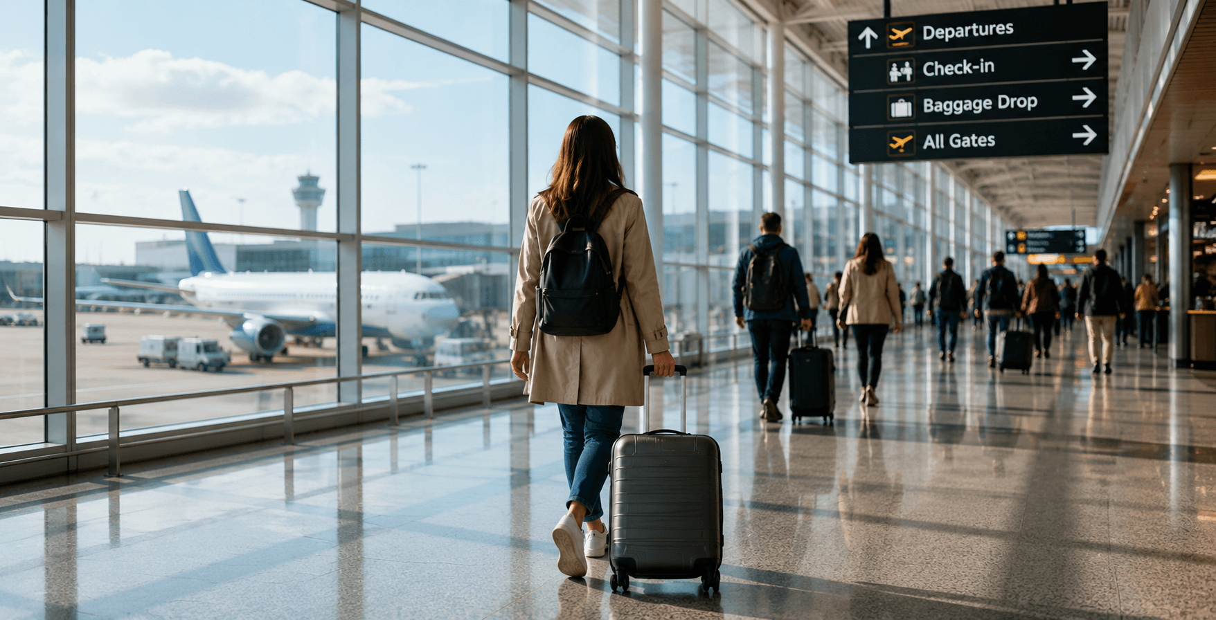 Traveler walking through an airport terminal with baggage and departure signs