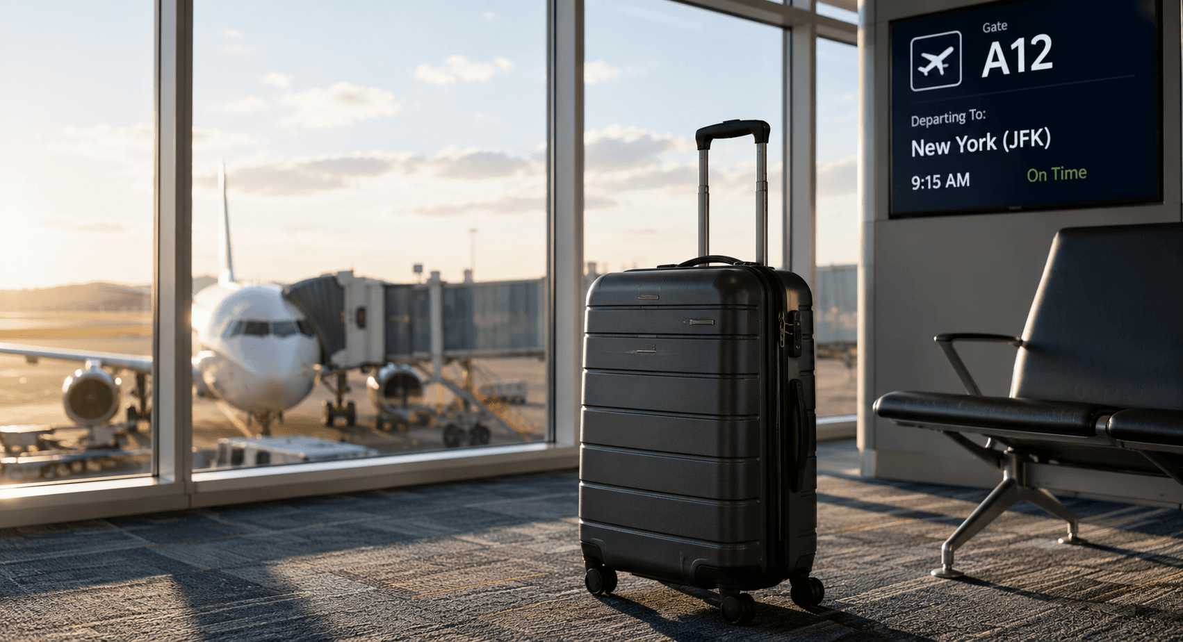 Premium carry-on suitcase waiting near an airport gate